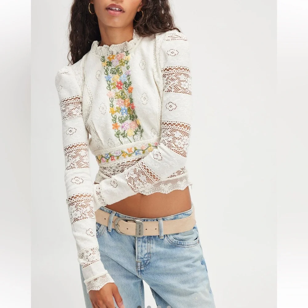 NWOT Free People Garden Grace Embroidered Top- Ivory Combo - Picture 1 of 8